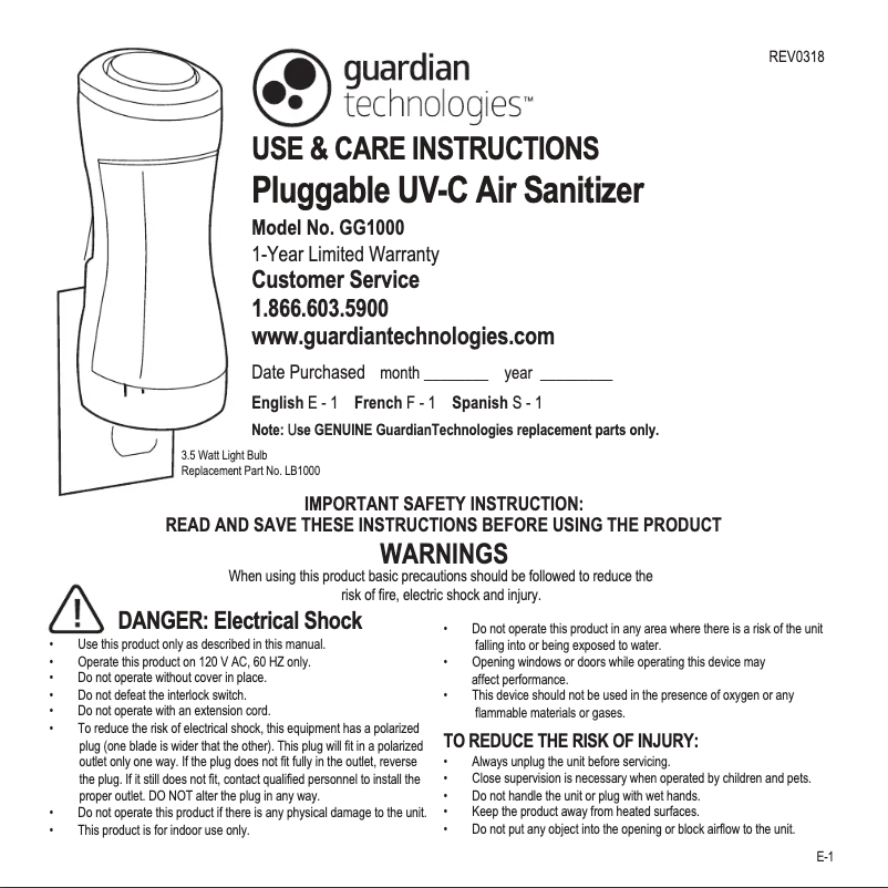 Página 1 del manual Manual de usuario GermGuardian GG1000