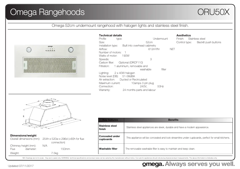 Page 1 de la notice Fiche technique Omega ORU50X