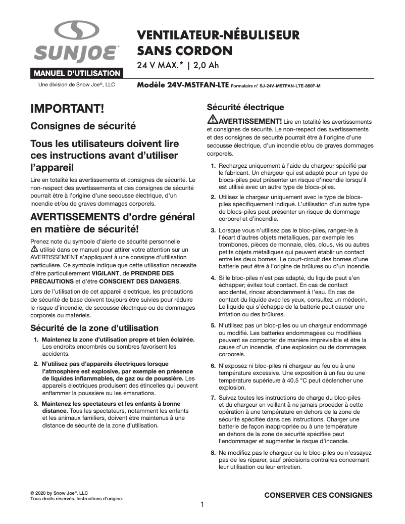 Page 1 de la notice Manuel utilisateur Sun Joe 24V-MSTFAN-LTE