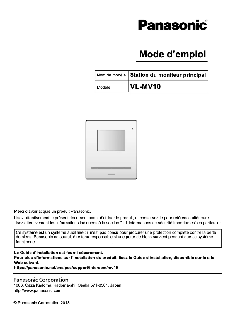 Page n°1 - Manuel utilisateur Panasonic VL-MV10EX2