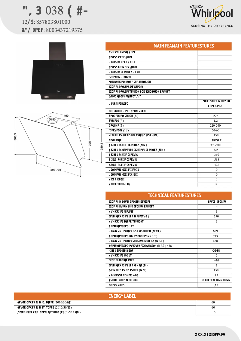 Page 1 of the manual Technical Sheet Whirlpool AKR 038 G BL