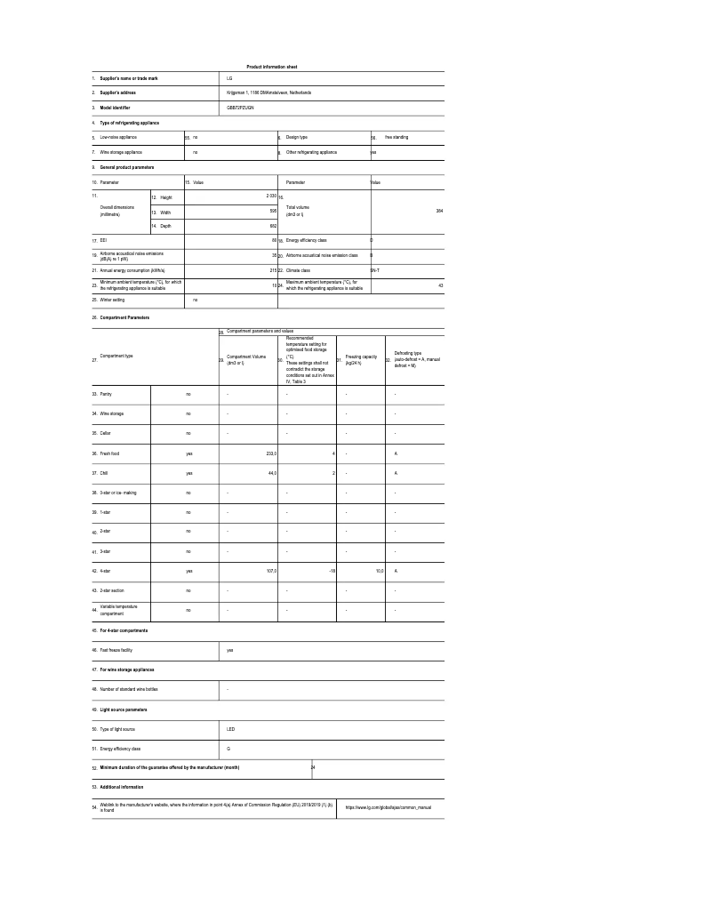 Page n°1 - Fiche technique LG GBB72PZUGN