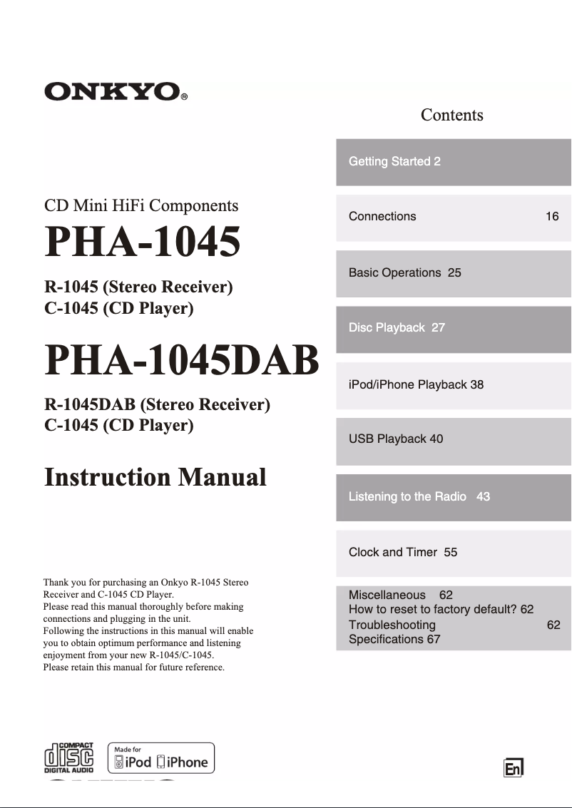 Page 1 de la notice Manuel utilisateur Onkyo C-1045