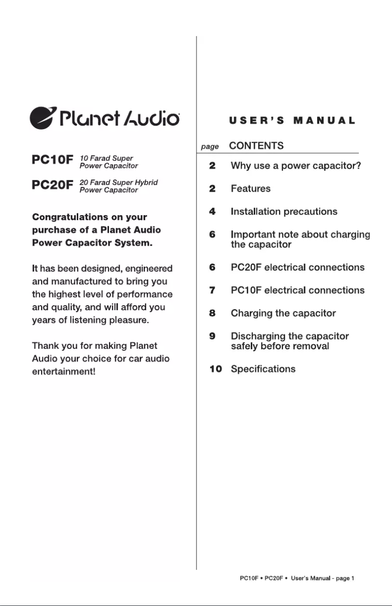 Page 1 de la notice Manuel utilisateur Planet Audio PC20F