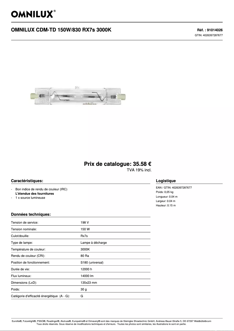 Page 1 de la notice Fiche technique Omnilux CDM-TD 150W