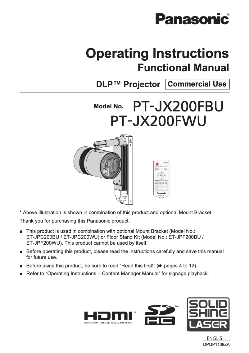 Page 1 de la notice Manuel utilisateur Panasonic PT-JX200FWE