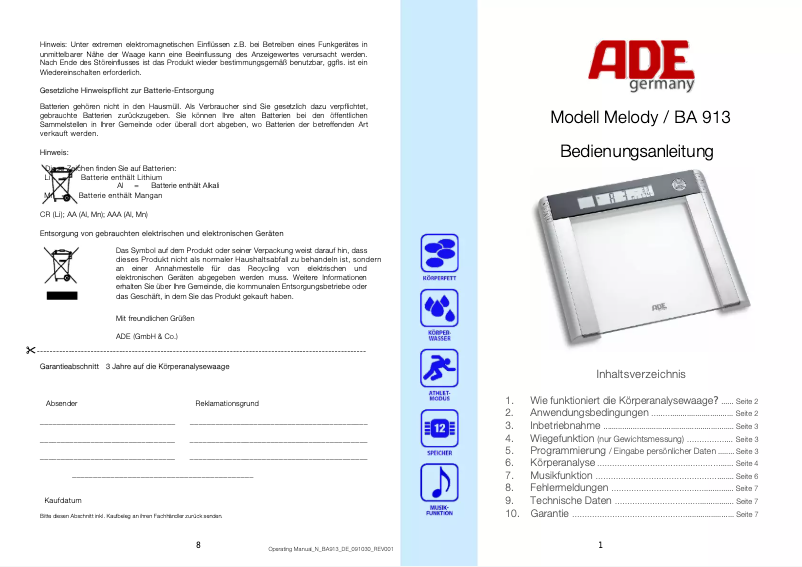 Page 1 de la notice Manuel utilisateur ADE Melody BA 913