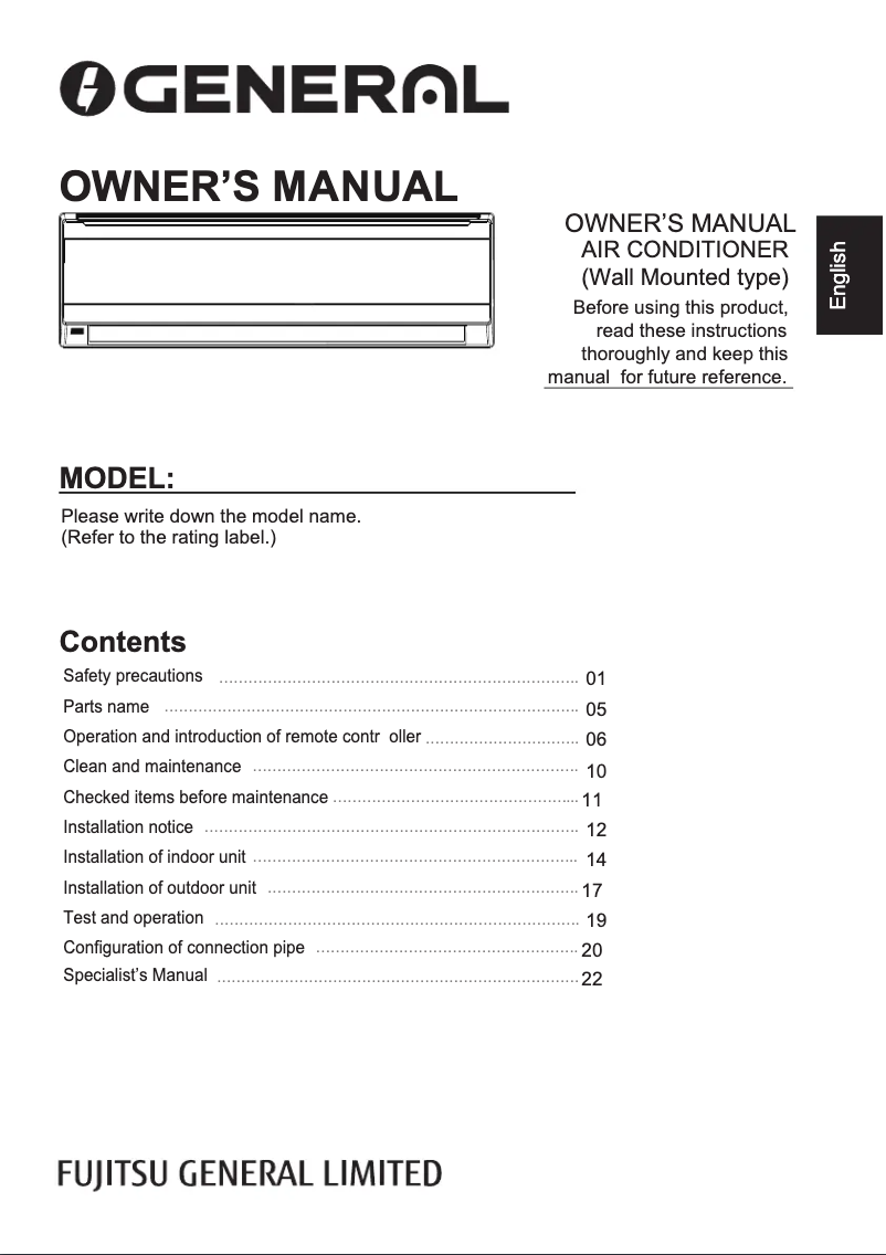 Page 1 de la notice Manuel utilisateur Fujitsu ASGA22CLWA