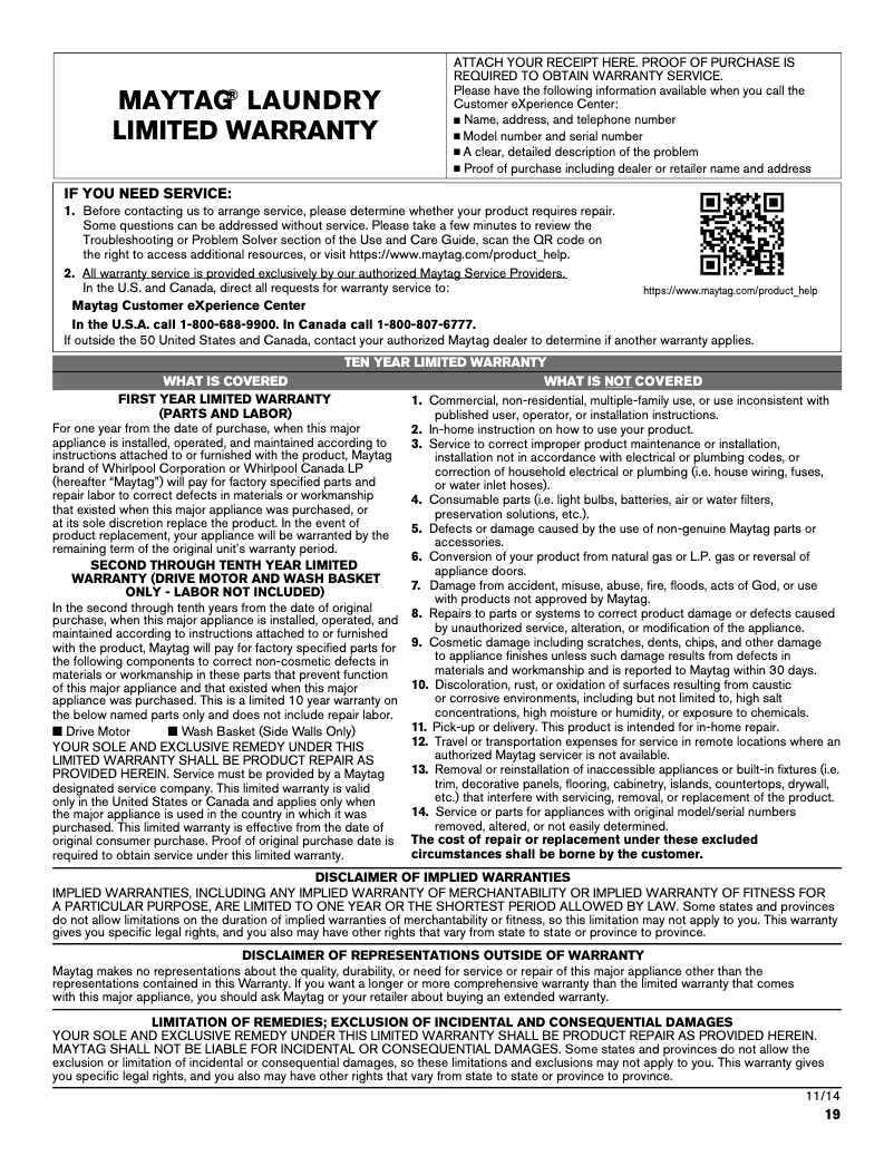 Page n°1 - Mode d'emploi Maytag MVWB765F