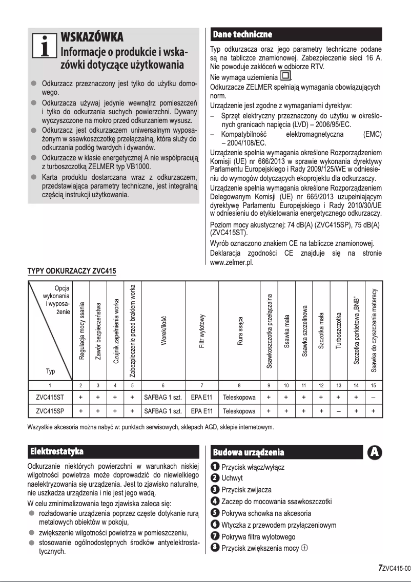 Page n°1 - Manuel utilisateur Zelmer Syrius ZVC415ST