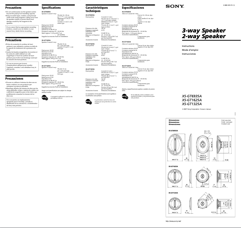 Page 1 de la notice Manuel utilisateur Sony XS-GT1625A
