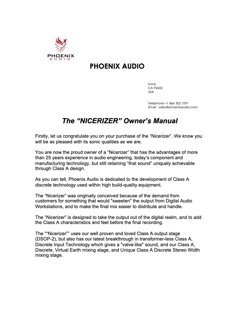 Page n°1 - Manuel utilisateur Phoenix Audio Nicerizer