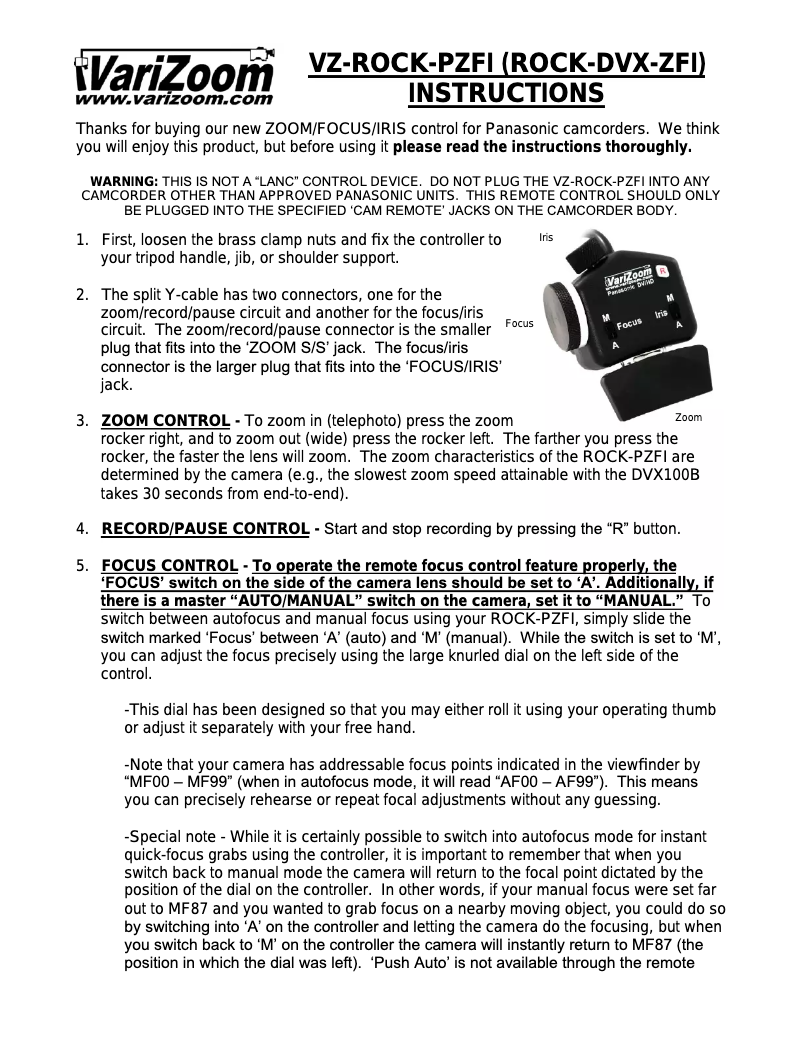 Page 1 of the manual User Manual VariZoom VZ-Rock-PZFI