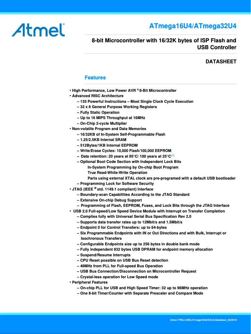 Page 1 de la notice Fiche technique Microchip ATmega16U4