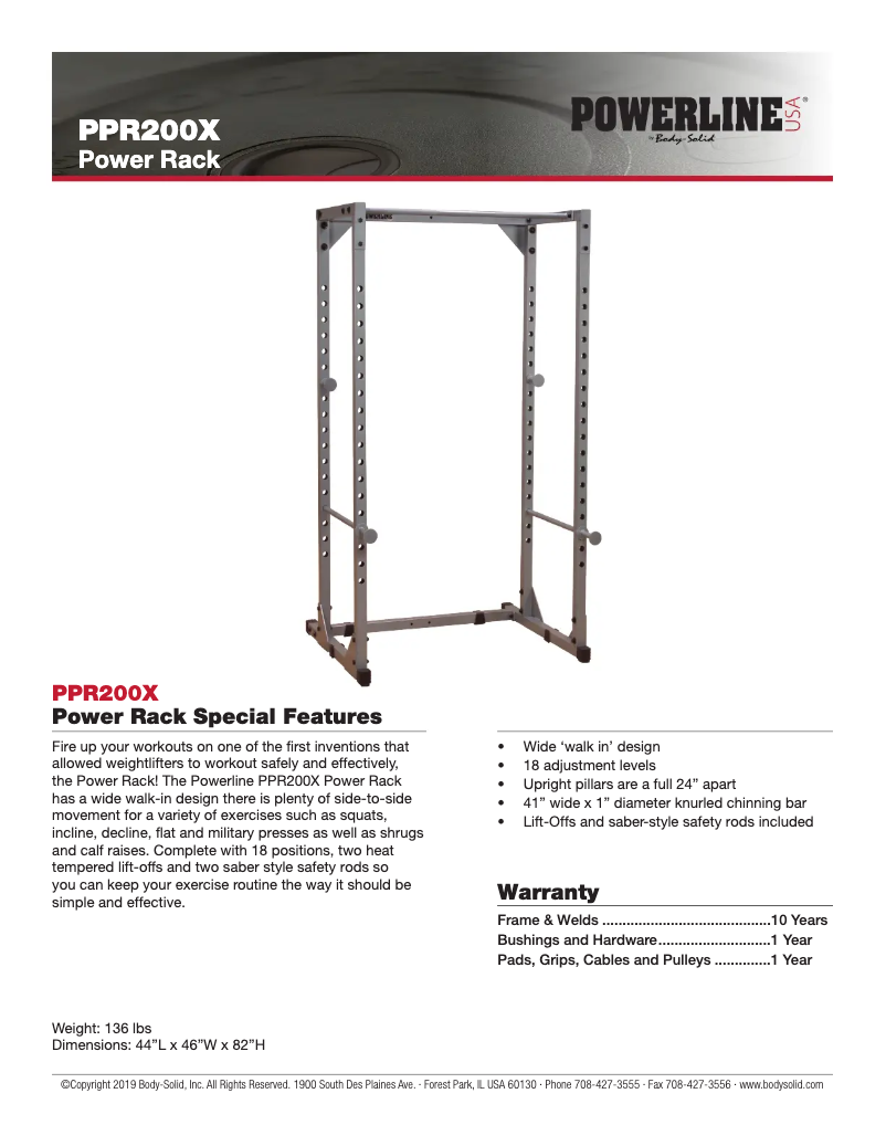 Page 1 de la notice Fiche technique Body-Solid Powerline PPR200X