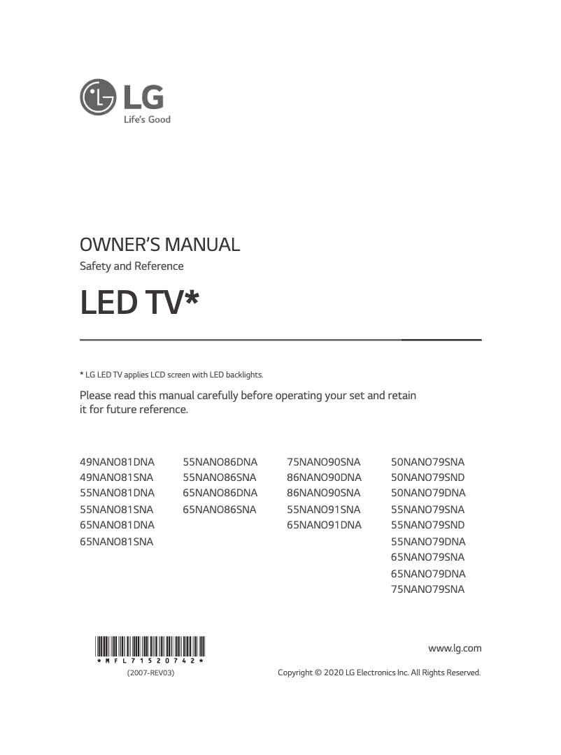 Page 1 de la notice Manuel utilisateur LG 50NANO79DNA