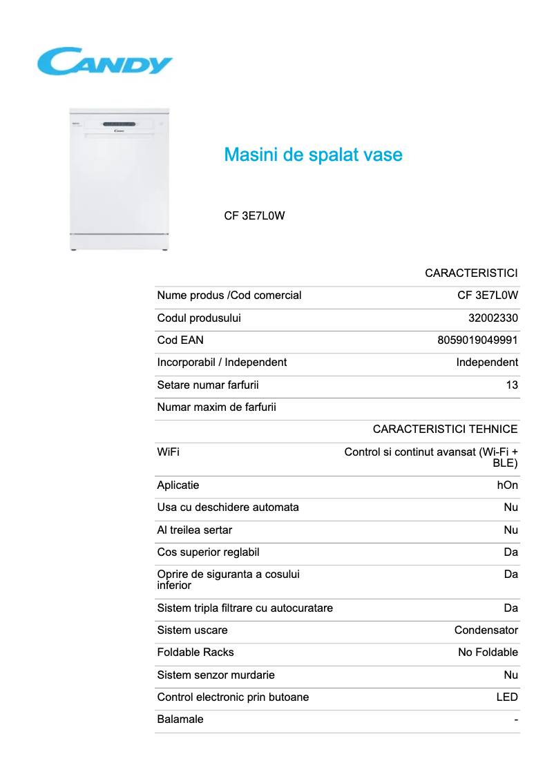 Page 1 de la notice Fiche technique Candy CF 3E7L0W