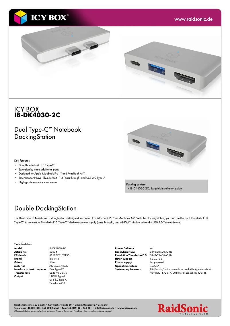 Page 1 de la notice Fiche technique Icy Box IB-DK4030-2C