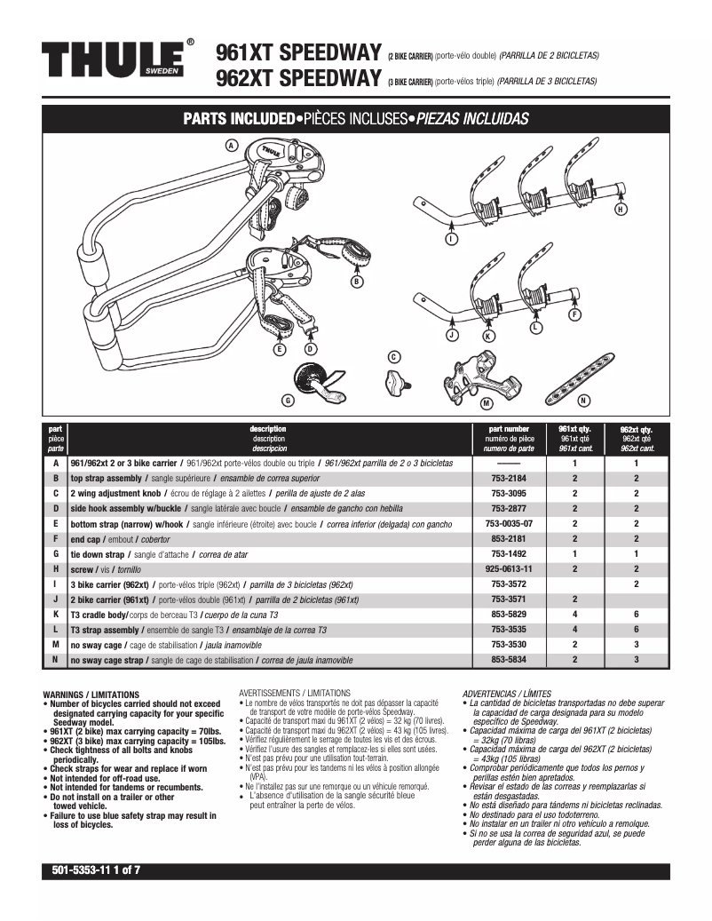 Page n°1 - Manuel utilisateur Thule Speedway 961XT