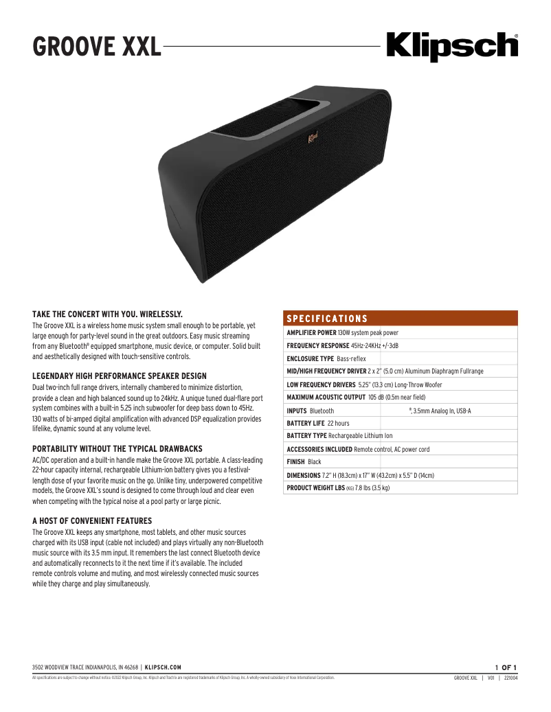 Page n°1 - Fiche technique Klipsch Groove XXL