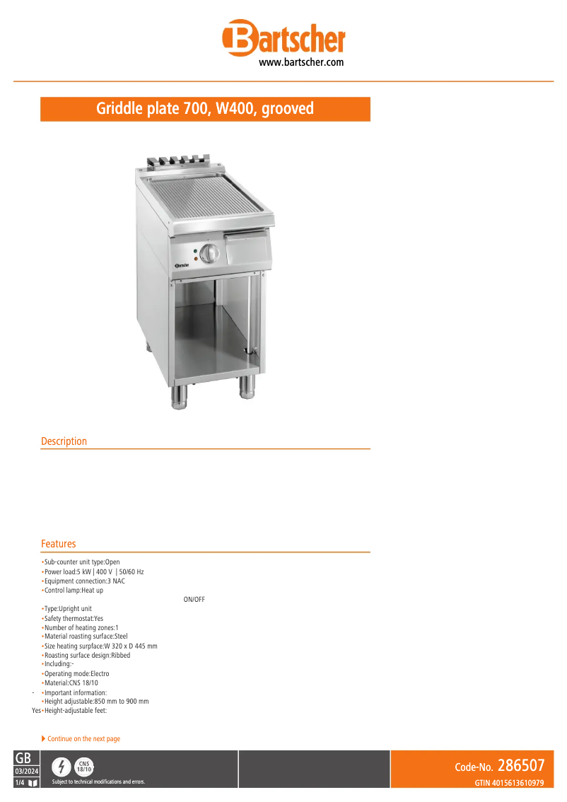 Page 1 de la notice Fiche technique Bartscher 286507