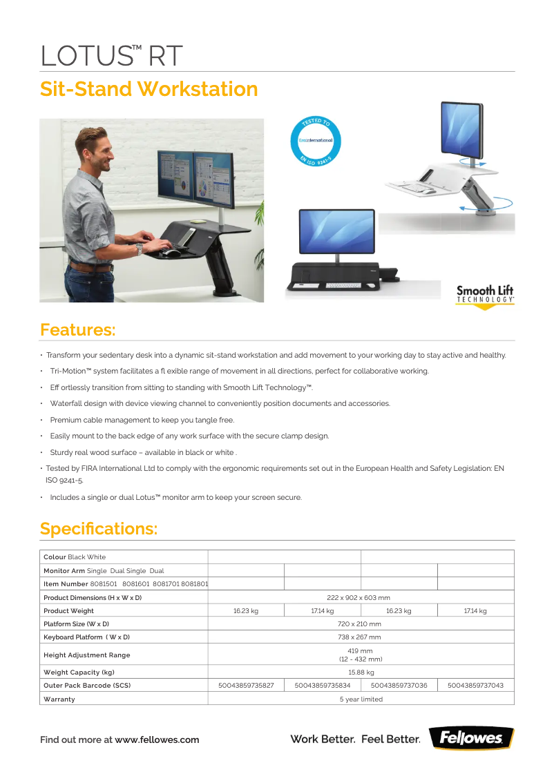 Page 1 de la notice Fiche technique Fellowes Lotus RT