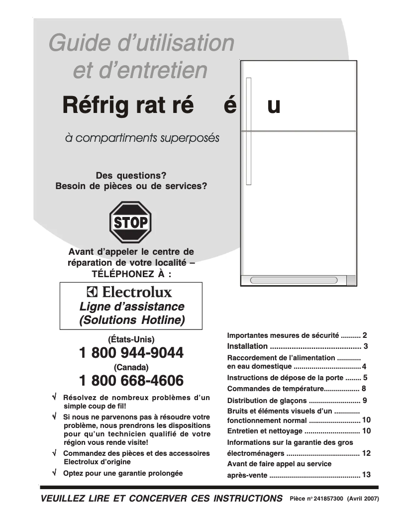 Page 1 de la notice Manuel utilisateur Frigidaire FRT8IB5HW