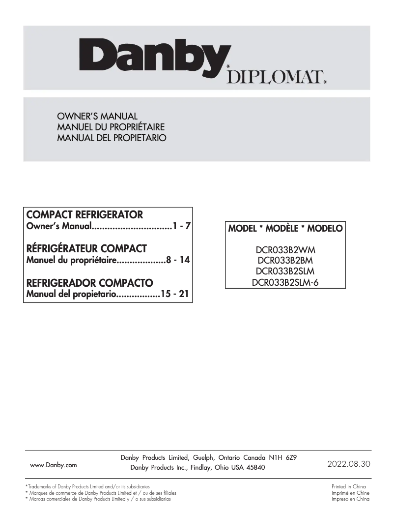 Page 1 de la notice Manuel utilisateur Danby DCR033B2BM