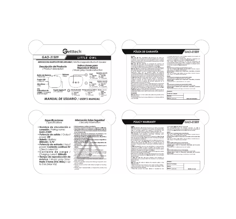 Page 1 de la notice Manuel utilisateur Getttech GAT-31507