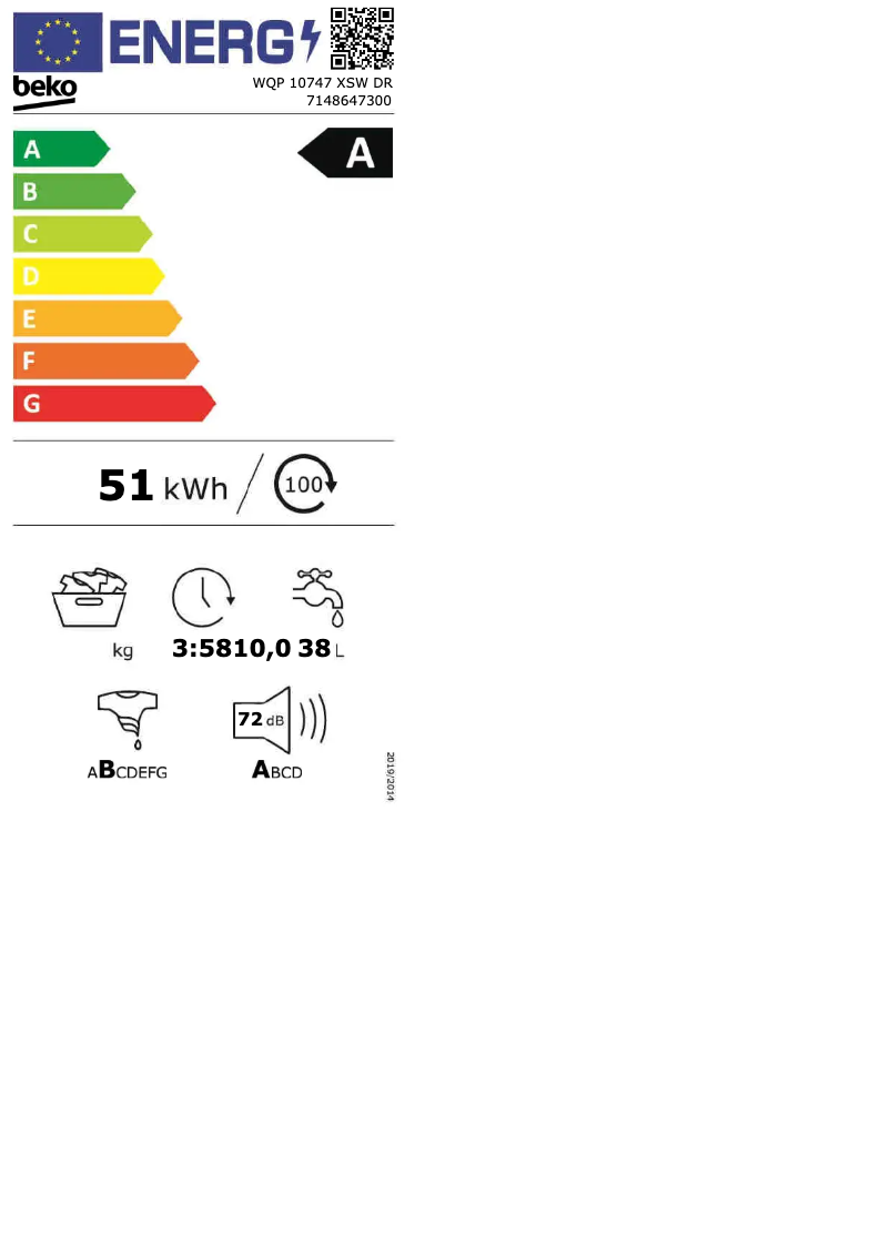 Page 1 de la notice Label énergétique Beko WQP 10747 XSW DR