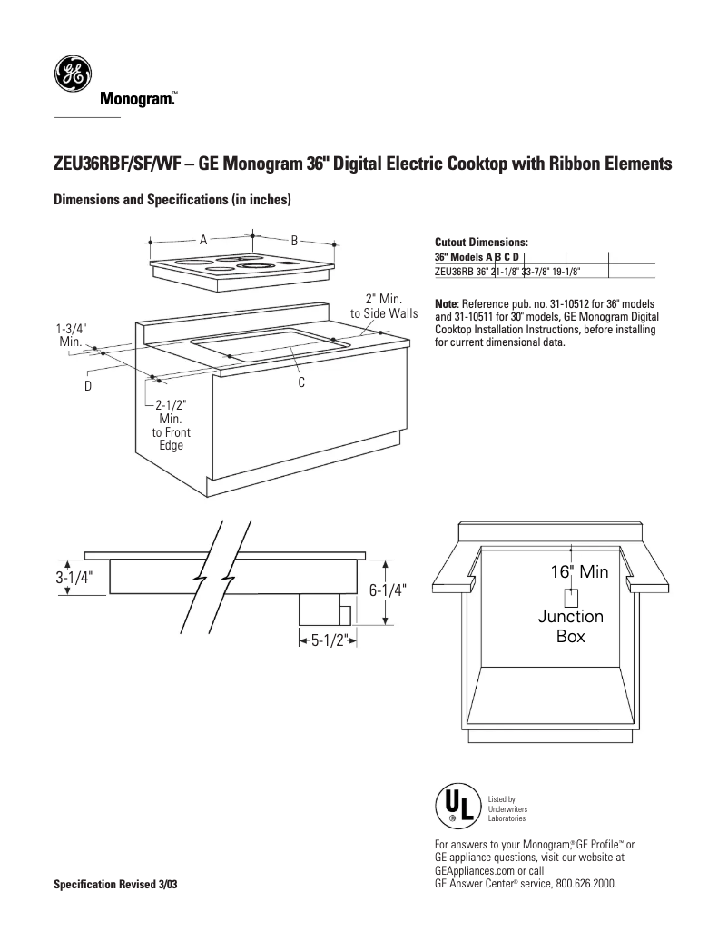 Página 1 del manual Ficha técnica GE ZEU36RWFWW