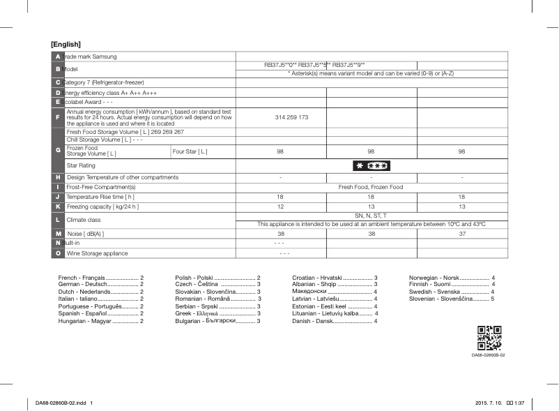 Page 1 de la notice Fiche technique Samsung RB37J5349SL