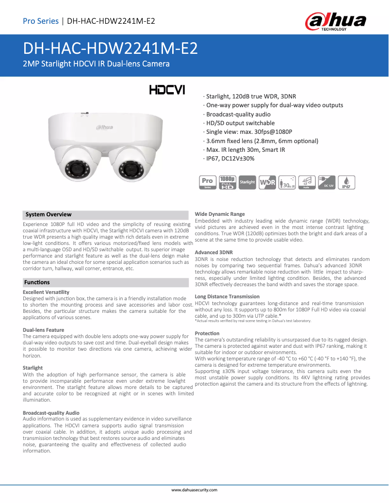 Page 1 de la notice Fiche technique Dahua Technology HAC-HDW2241M-E2