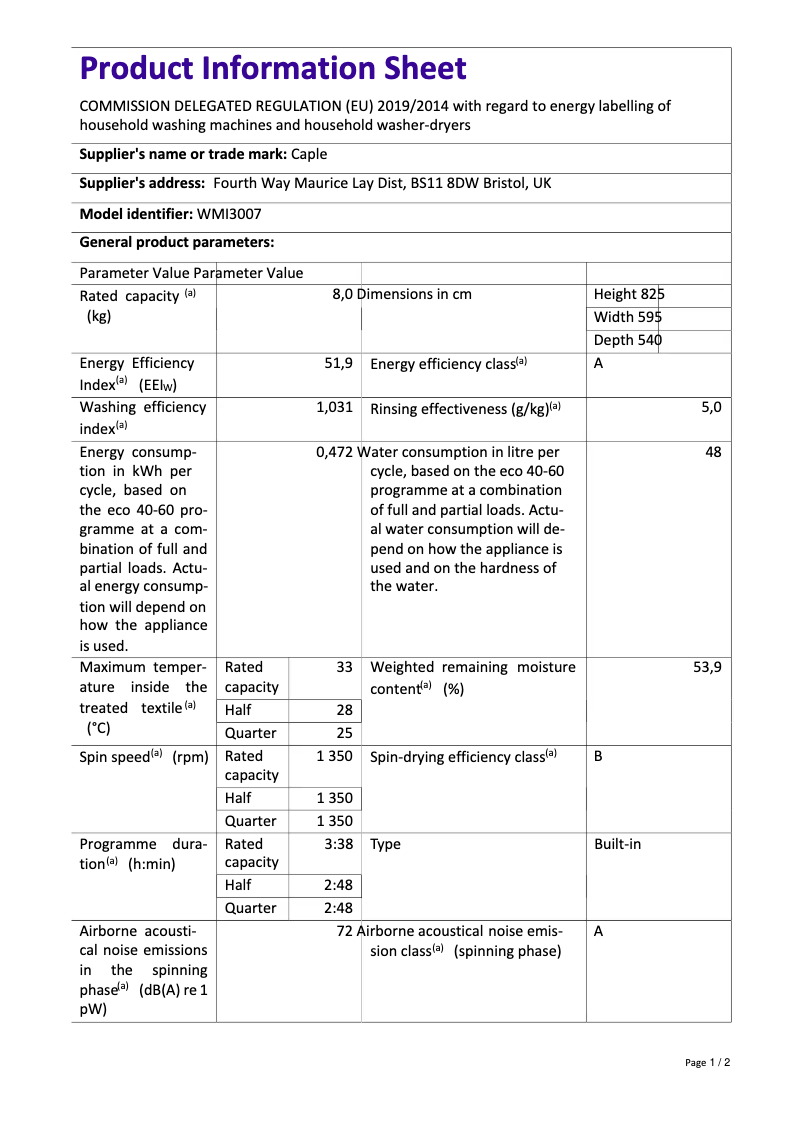 Página 1 del manual Ficha técnica Caple WMI3007