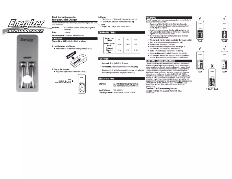Page 1 de la notice Manuel utilisateur Energizer Mini Charger CH2PC4