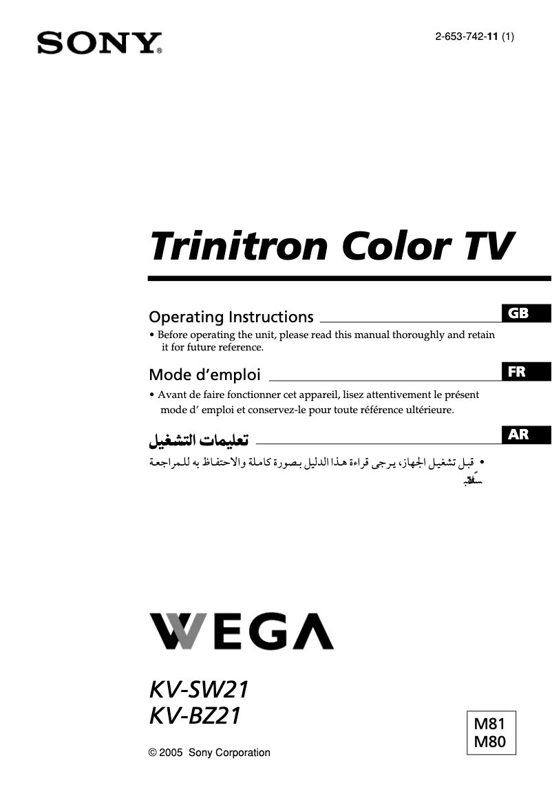 Page 1 de la notice Manuel utilisateur Sony KV-SW21M81
