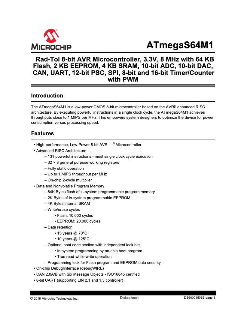 Page 1 de la notice Fiche technique Microchip ATmegaS64M1