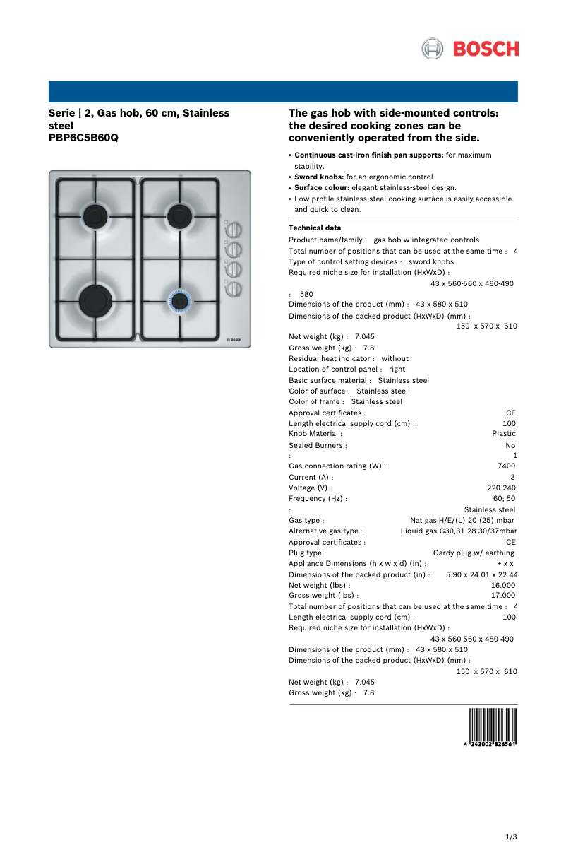 Page 1 de la notice Fiche technique Bosch PBP6C5B60Q