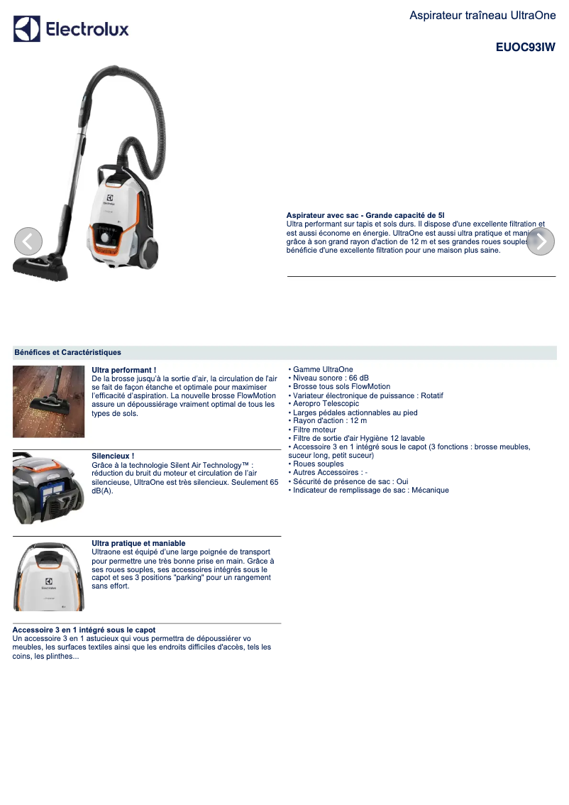 Page 1 de la notice Manuel utilisateur Electrolux UltraOne EUOC93IW