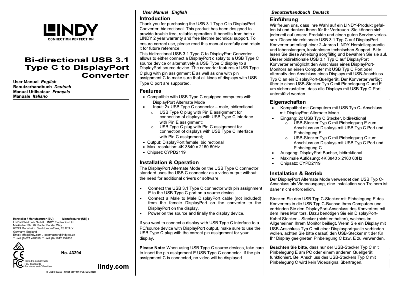 Page 1 de la notice Manuel utilisateur Lindy 43294