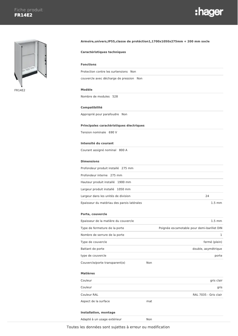 Page n°1 - Fiche technique Hager FR14E2