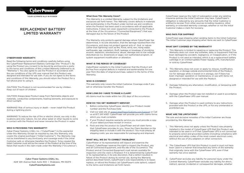 Page 1 de la notice Informations de garantie CyberPower FTTx OR1500PFCRT2U