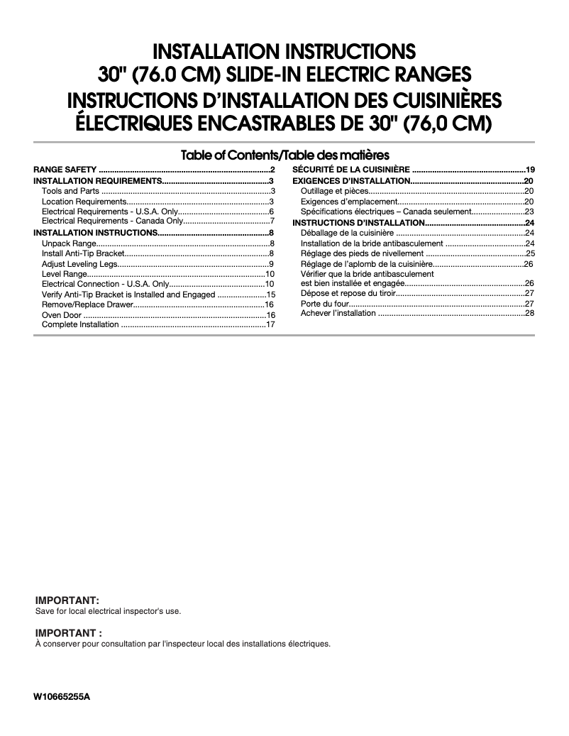 Page 1 de la notice Guide d'installation Whirlpool WEC530H0DB