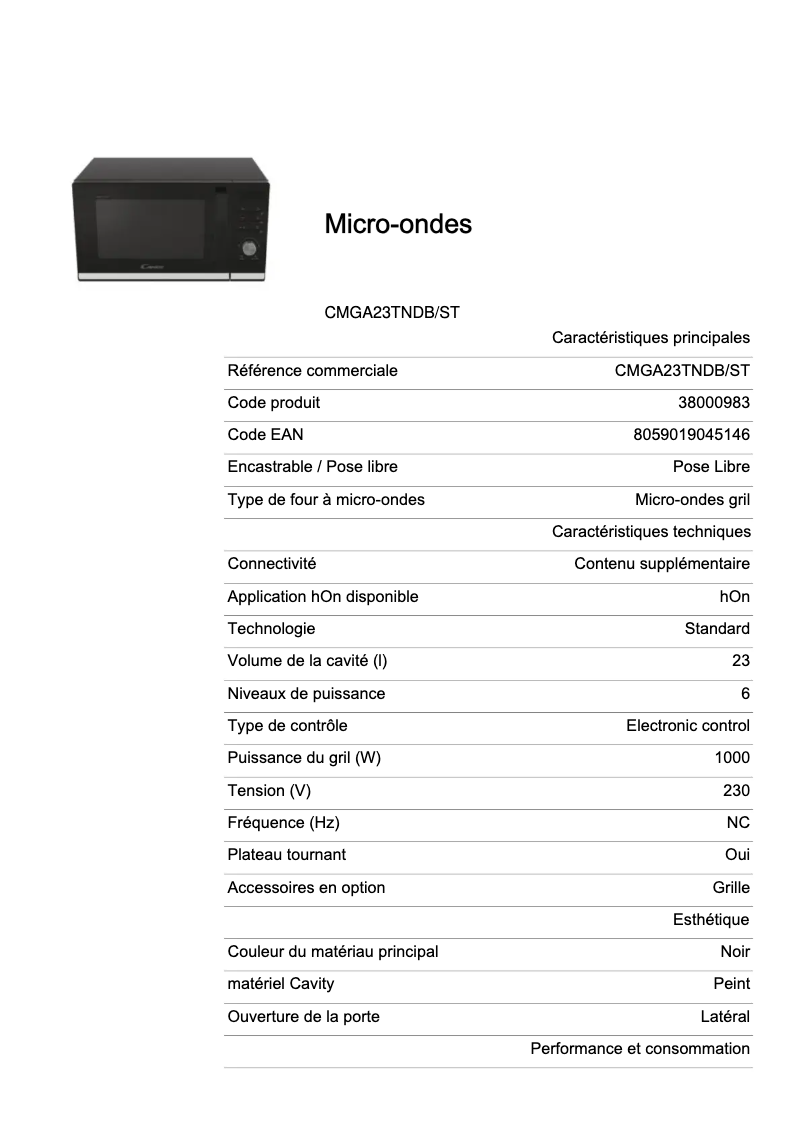 Page 1 de la notice Fiche technique Candy CMGA23TNDB/ST