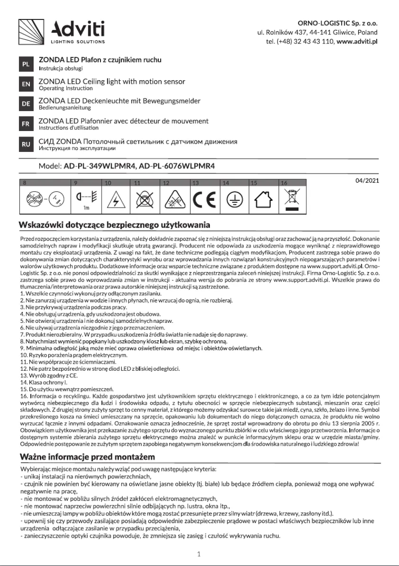 Page 1 de la notice Manuel utilisateur Adviti AD-PL-349WLPMR4