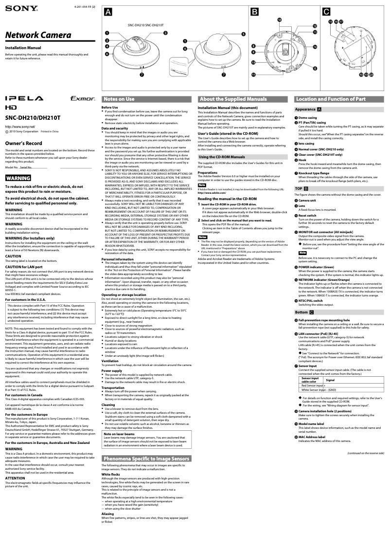 Page n°1 - Mode d'emploi Sony SNC-DH210