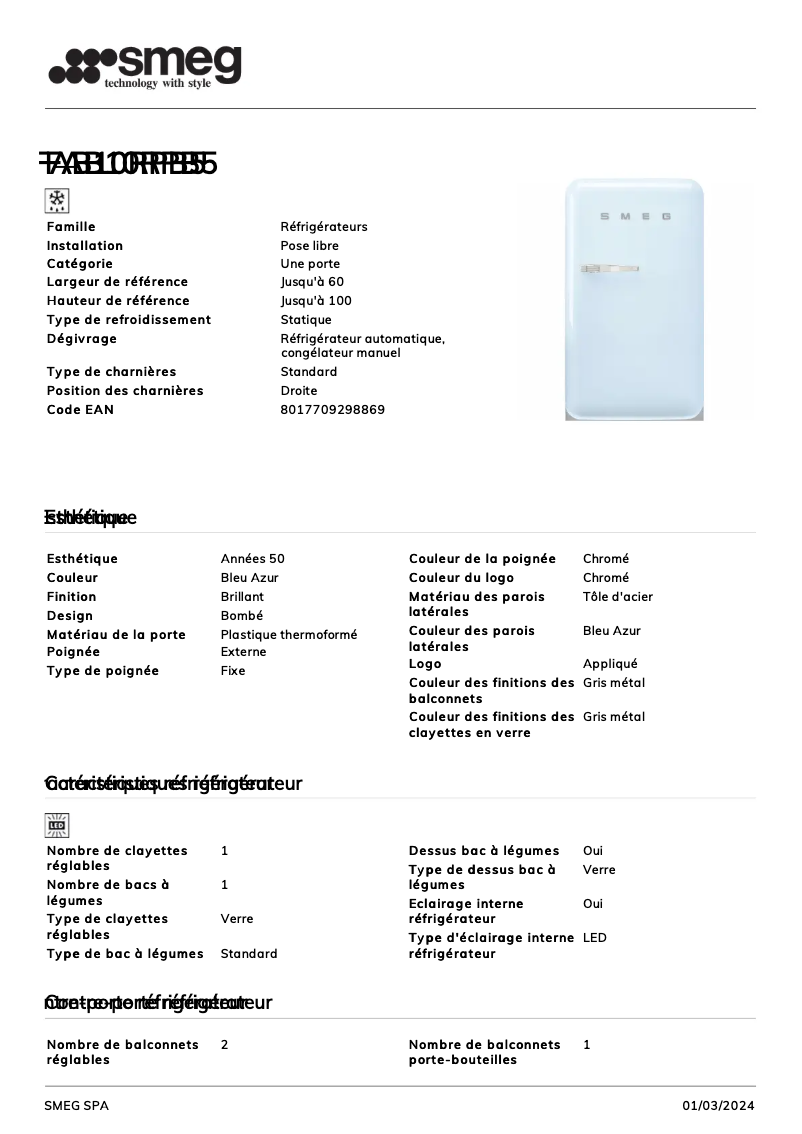 Page n°1 - Fiche technique Smeg FAB10RPB5