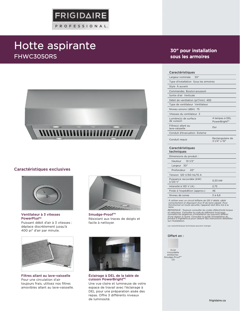 Page n°1 - Fiche technique Frigidaire FHWC3050RS