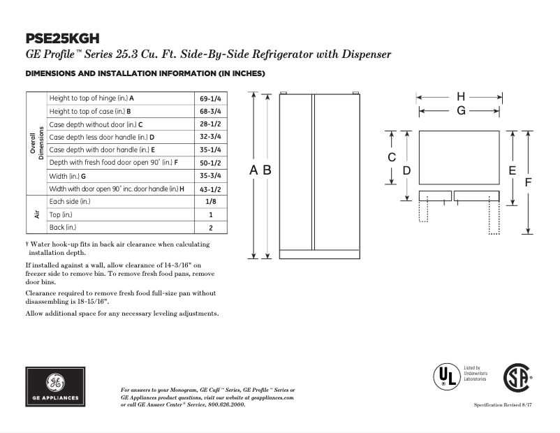 Page 1 of the manual Technical Sheet GE Profile PSE25KGHWW