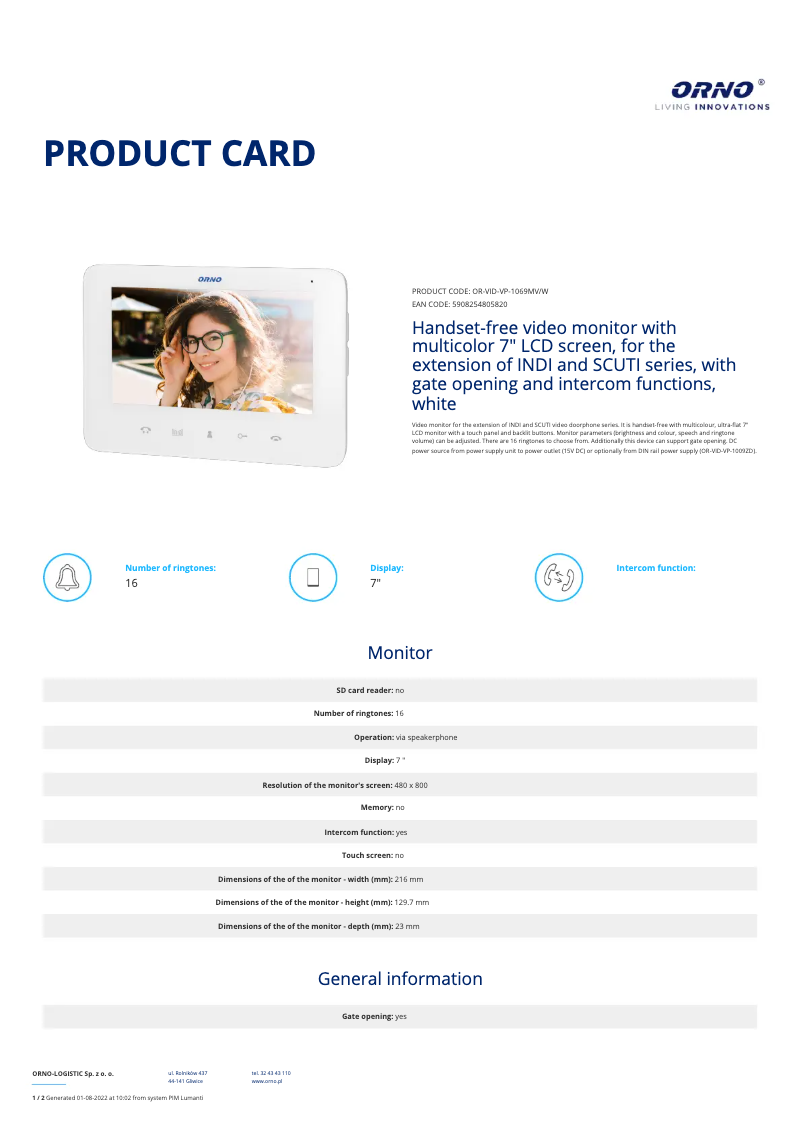 Image de la première page du manuel de l'appareil OR-VID-VP-1069MV/W